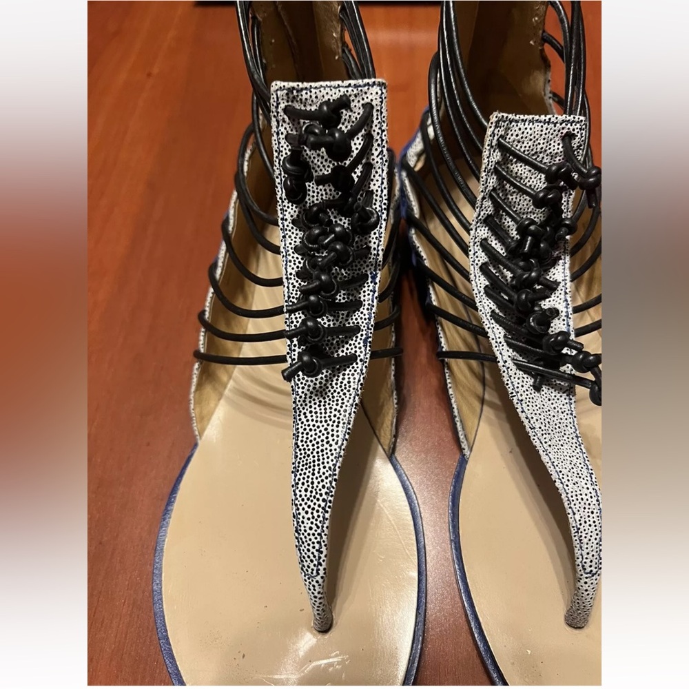 Lamb Sandals Blue Black Flat Size 8 Preowned zipper gladiator